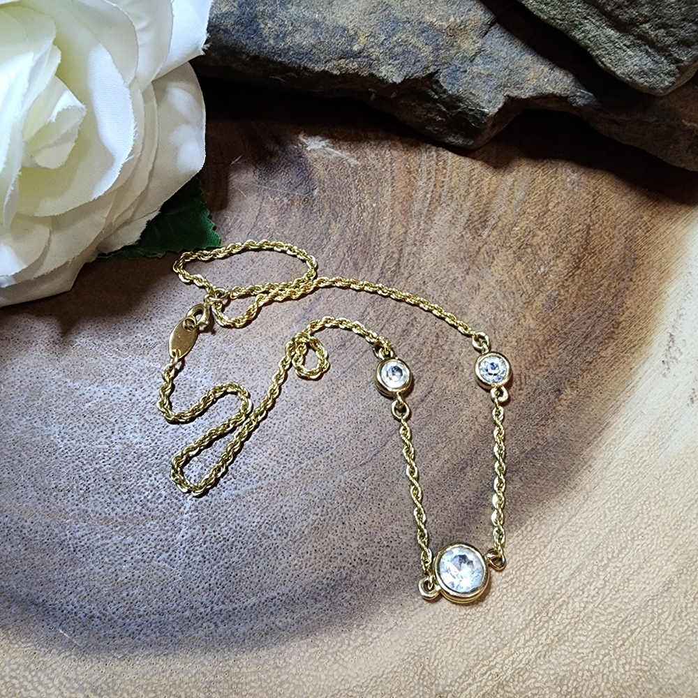 Elegant Gold Toned Necklace With Bezel Set CZ Rhinestones